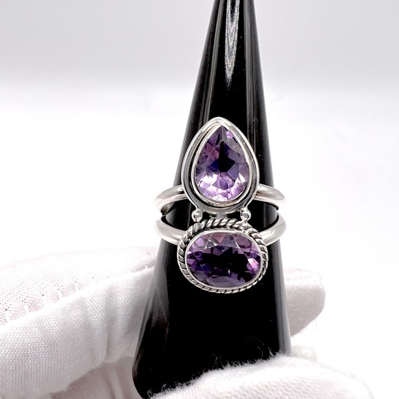 Jewelry - Genuine Faceted Amethyst Oval & Tear Drop .925 Sterling Silver Ring